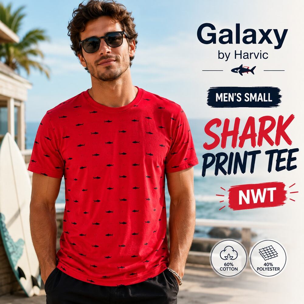 Galaxy by Harvic Men’s Small Red Shark Print T-Shirt NWT